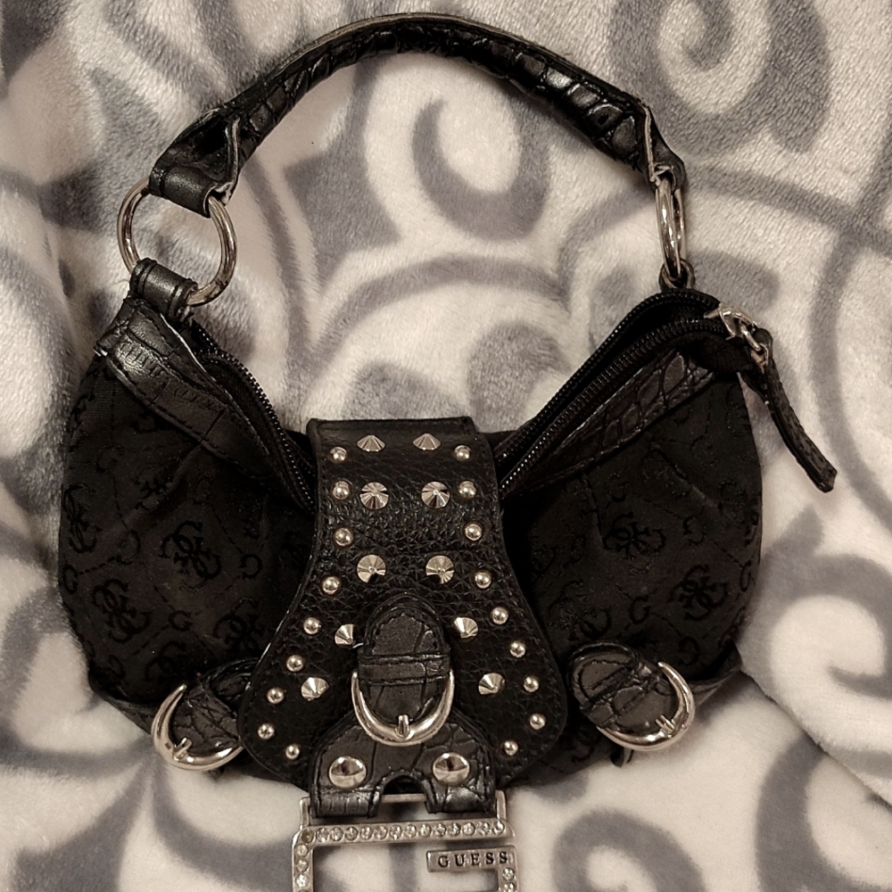 Vintage Black leather fabric small Guess purse